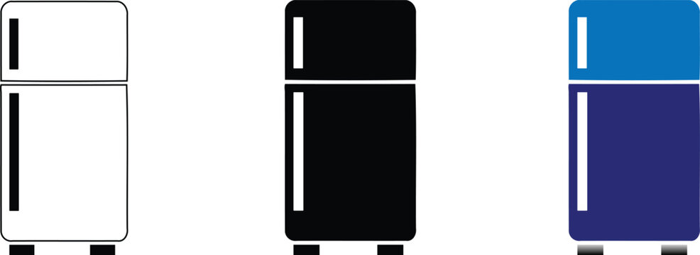 Minimalist refrigerator icon set, modern fridge vector illustrations, 3 kitchen appliance symbols in black and blue