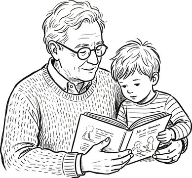 Loving grandfather reading an interesting storybook together with his little grandson line art vector drawing illustration