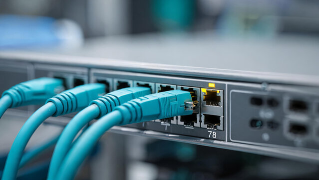 A close-up view of a network switch with teal Ethernet cables plugged into its ports, showing active connection indicators.