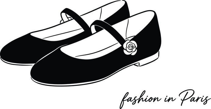 Pair of classic Mary Jane flats shoes with strap rose button decoration fashion in Paris vector sketch graphic illustration
