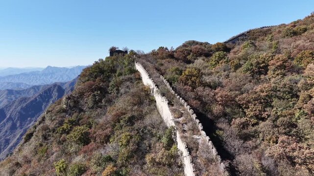 Hovering aerial view of the Great Wall running diagonally up a steep mountainside with a sharp bend in the path, autumn scrubland and hazy distant mountains, Huairou District, Beijing, China.