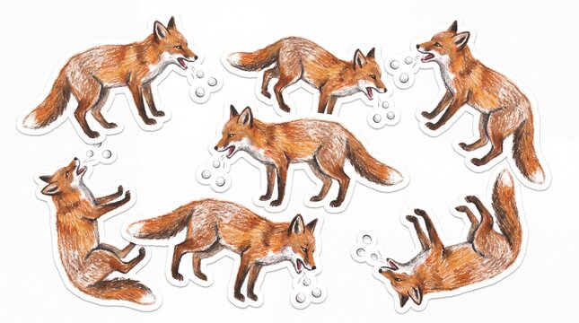 Textured crayon fox stickers coughing up white spheres