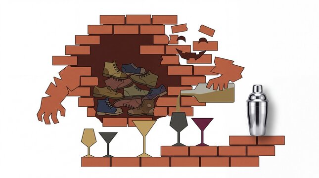 Vector illustration of brick wall character pouring drinks from realistic 3D shaker
