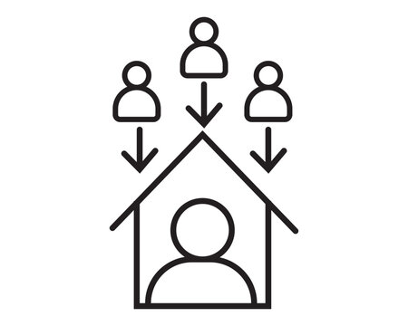 Simple line art icon depicting multiple people entering or joining a house structure
