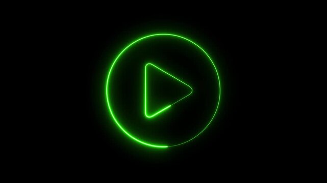 Neon green play button animation, glowing circular loading interface for digital media player, minimalist ui for streaming apps and web