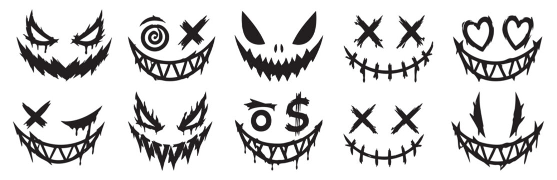 Collection of spooky Halloween pumpkin carving faces, evil monster grins, and creepy expressions with various eyes and jagged teeth designs.
