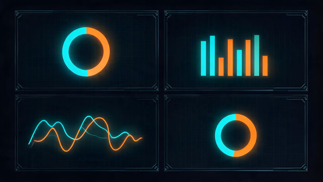 A set of neon glowing data visualization elements including donut charts, bar graphs, and line charts arranged in a dark dashboard layout.