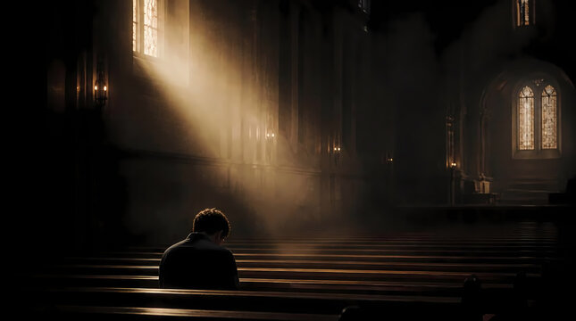 Lone person praying in empty church pew with cinematic light rays and spiritual atmosphere