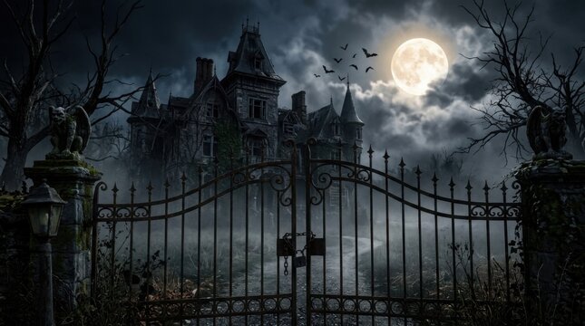 Dark gothic iron gate with bats flying in front of abandoned mansion under full moon at night