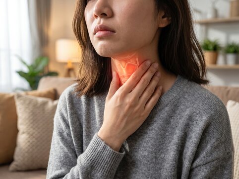 Close-up of woman touching her throat with highlighted anatomical illustration, representing sore throat, irritation.