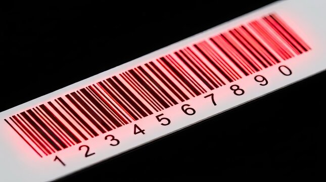 Close-up of red barcode with numbers on surface.