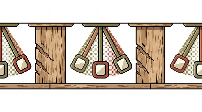 Retro vector horizontal divider pattern of swinging clock pendulums with halftone wood texture
