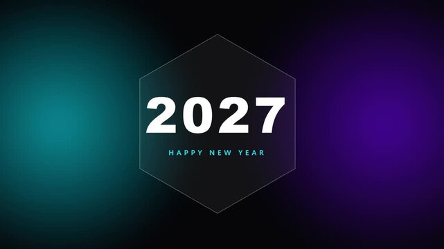2027 Happy New Year text animation with a glowing geometric hexagon frame on a dark gradient background