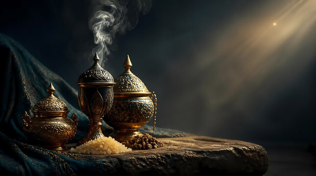 Three ornate gold vessels with incense smoke in a dramatic religious epiphany still life
