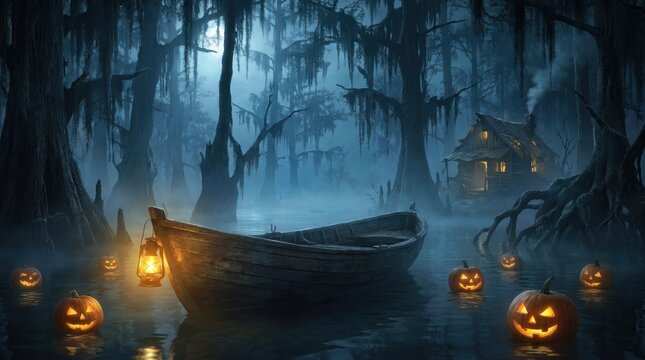 Wooden rowboat drifting through a misty swamp at night with glowing jack-o-lanterns
