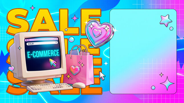 Trendy Y2k style Ecommerce sale banner with retro computer screen and shopping bag on abstract background for online advertising and website header.