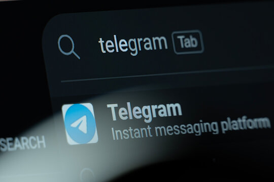 Dubai, United Arab Emirates - 09 Aug 2026: Search result for Telegram is seen on a digital screen.