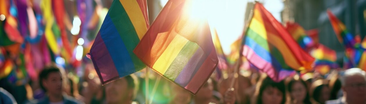 People celebrate pride with rainbow flags in a city street during a parade in the afternoon