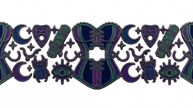 Hard enamel pin divider with occult motifs including corset moons and scarabs