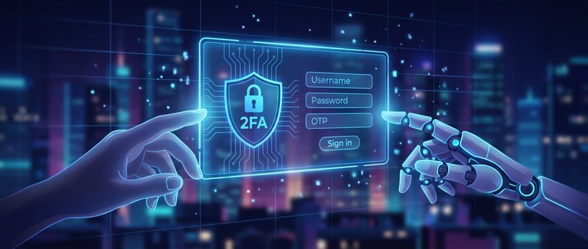 Futuristic digital interaction between human and robotic hands showcasing secure login with two factor authentication on a glowing interface in a cityscape background.
