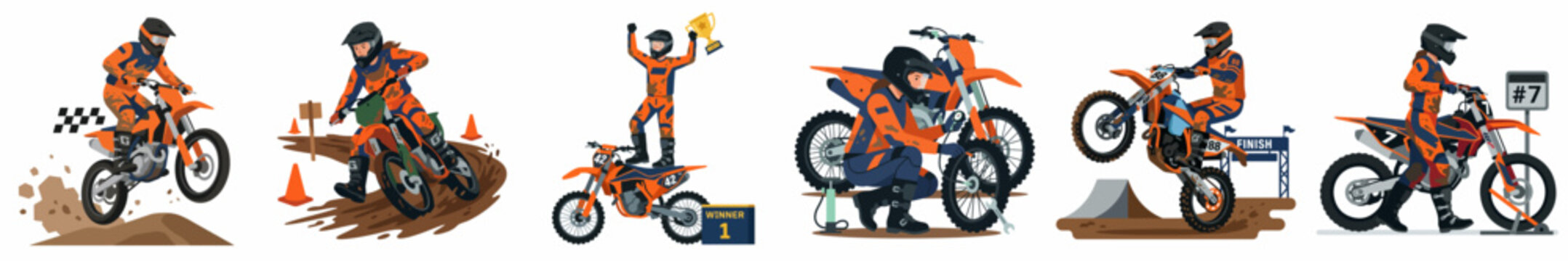 Detailed illustration set of a professional motocross rider in various action scenes including jumping, cornering, winning a race, and bike maintenance.