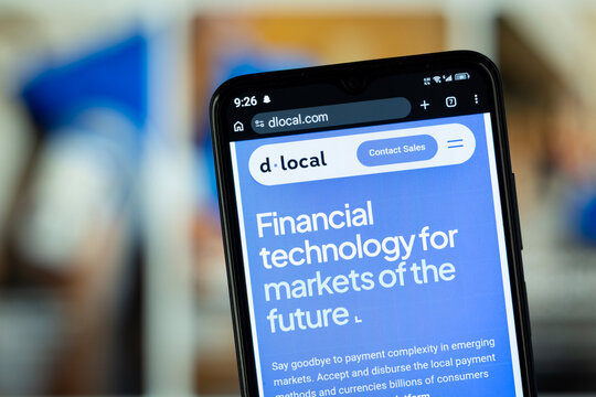Montevideo, Uruguay - 02 August 2026: Close-up of dLocal homepage on a smartphone.