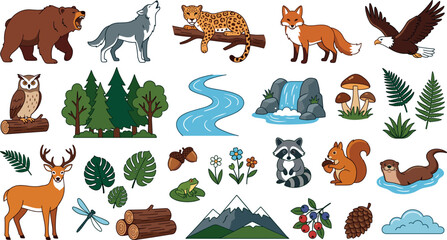 Fototapeta premium Flat vector illustration set of forest wildlife animals and nature elements featuring bear wolf deer raccoon and eagle