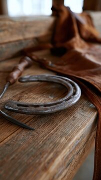 Horseshoe and farrier tools resting on a wooden workbench, with a leather apron partially visible in a rustic workshop setting