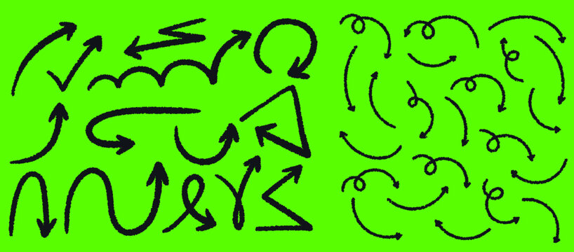 Diverse hand drawn arrow collection chalk effect on green background abstract elements for artistic and design purposes.