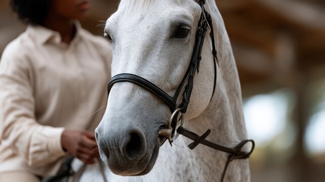 Equitation scene featuring a rider with curly hair gently holding the reins of a white horse in a stable environment with blurred background elements