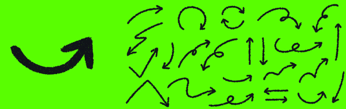 Chalkboard arrow collection black hand drawn arrows of various shapes on green screen for dynamic visual accents.