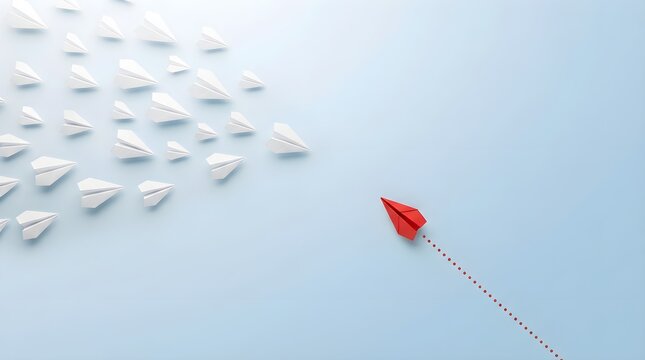 Single vibrant red paper plane soaring in a different direction while many small white paper airplanes follow a standard path on a soft blue background