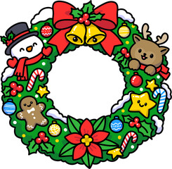 Naklejka premium Cute Christmas Wreath with Snowman, Bear, Gingerbread and Red Bows