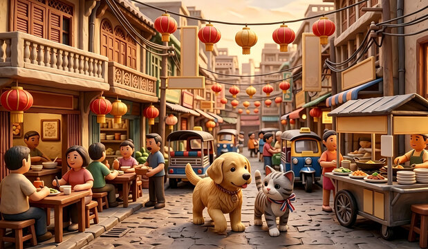 Cute plasticine golden retriever and tabby cat exploring vibrant Asian street food market with tuk tuk, stop motion art.