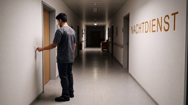Pfleger im Nachtdienst dimmt Licht im Flur des Pflegeheims