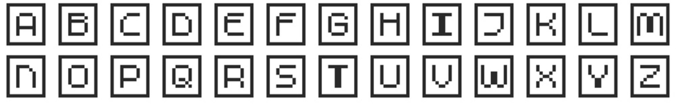 Pixel art alphabet button set featuring letters A to Z in a retro game-inspired square frame, isolated on a dark background. Suitable for video game interfaces, menus, typography, arcade designs, RPG 