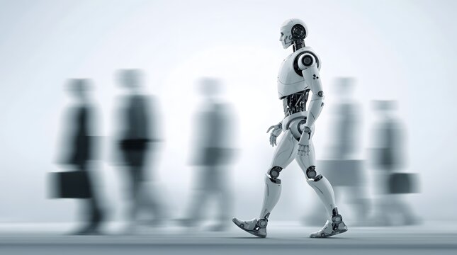 A humanoid robot walks in sync with a blurred procession of business people, symbolizing the integration of artificial intelligence into society.
