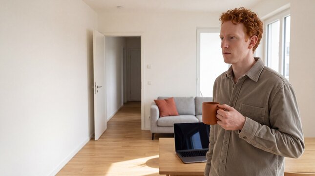 Mann trinkt Kaffee w&auml;hrend einer Homeoffice-Pause im Wohnzimmer