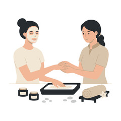 Fototapeta premium Woman getting spa treatment from therapist with face mask and beauty products