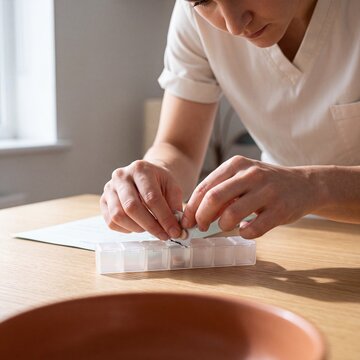 Pflegekraft bef&uuml;llt Tablette in Wochendosierer
