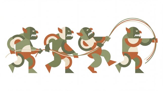 Geometric illustration of four trolls pulling a rope in muted colors