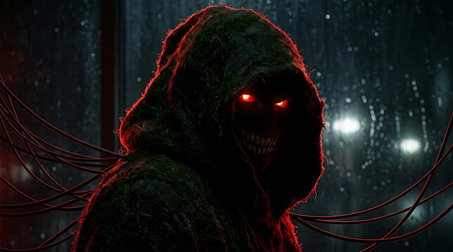 Creepy hooded cyborg monster with glowing red eyes in a dark rainy futuristic cyberpunk street digital illustration