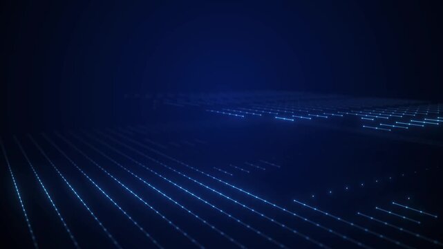 3D rendered dark blue technology background with glowing blue dot grid lines and copy space.