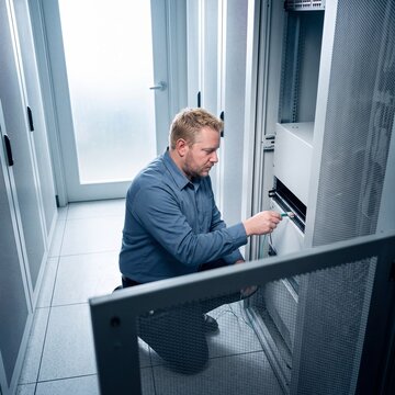 Netzwerktechniker verkabelt Glasfaserkabel im Serverraum aus Vogelperspektive