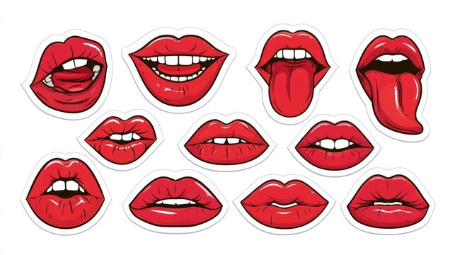 Cartoon-style illustrations of red lips and tongues in various expressions and positions on a white background.