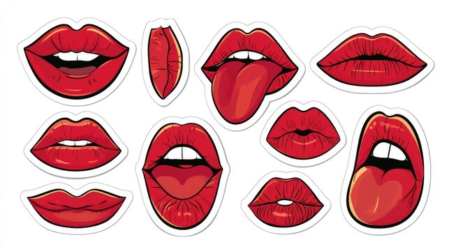 Illustration of red lips in various expressions including open mouth, tongue out, and puckered lips.