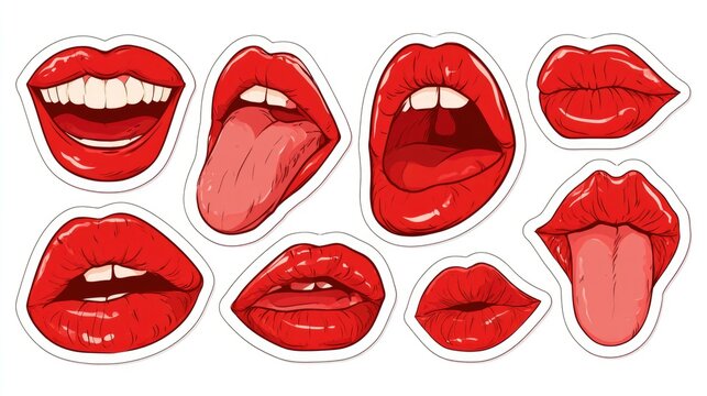 Illustration featuring eight red lips in various expressive poses, including open mouths, tongues out, and puckered lips.