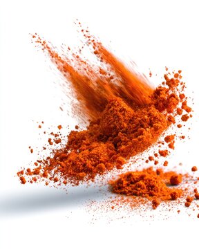 Vibrant orange-red spice powder dynamically exploding and scattering against a white background.