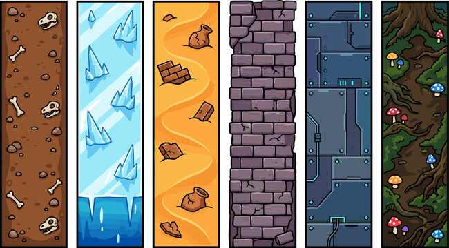 Vertical Game Level Background Texture Pattern Set with Underground Ice Desert Stone SciFi and Forest Biome Themes for Platformer Interface Designs