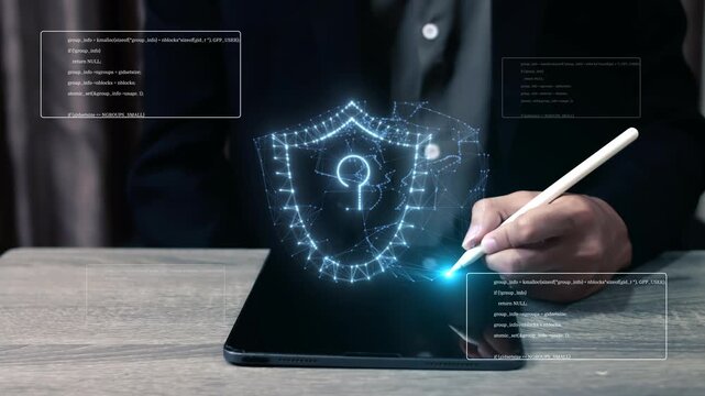 Cybersecurity protection concept featuring a secure shield icon with source code, highlighting data security, encryption, privacy, network defense, digital protection, and IT system security.